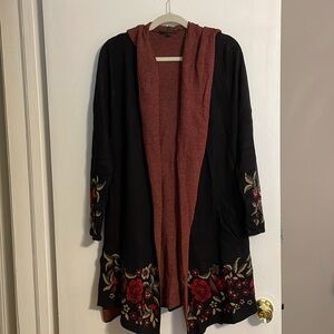 Max sport long cardigan, Black w/ floral border, Large